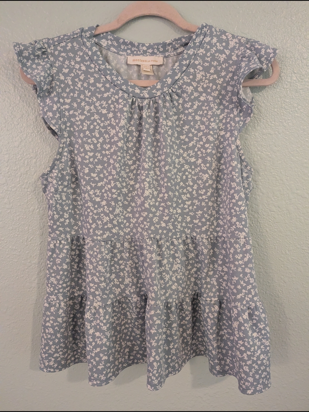 Light Blue Floral Flutter-Sleeve Peplum Top